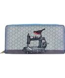 Retro sewing machine & scissor print faux leather large zipper wallet