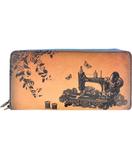 Retro sewing machine & scissor print faux leather large zipper wallet