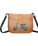 Retro scooter print faux leather cross body bag