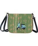 Retro scooter print faux leather cross body bag