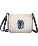 Retro camera print faux leather cross body bag