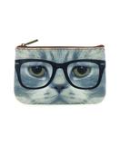 Cat with eyeglasses faux leather printed pouch