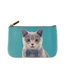 Cat with bow tie faux leather printed pouch
