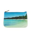 Blue ocean & white sand beach print vegan leather small pouch. Wholesale available at www.mlavi.com