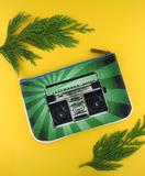 Retro boombox & cassette print faux leather pouch