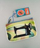 Retro sewing machine & scissor print faux leather pouch