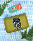 Retro camera print faux leather pouch