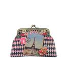 Vintage looking faux leather Paris Eiffel Tower print kiss lock coin purse diamond