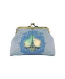 Vintage looking faux leather Paris Eiffel Tower print kiss lock coin purse lilac dots