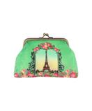 Vintage looking faux leather Paris Eiffel Tower print kiss lock coin purse rose