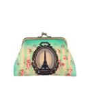 Vintage looking faux leather Paris Eiffel Tower print kiss lock coin purse teal - Mlavi vegan leather