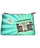 Retro boombox & cassette faux leather print makeup pouch