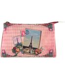Vintage looking faux leather Paris Eiffel Tower print makeup pouch. Wholesale available at www.mlavi.com