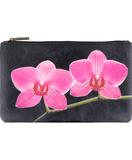 Orchid flower print faux leather medium / flat makeup pouch