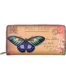 Butterfly with postcard print faux leather large zipper wallet