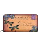 Dragonfly with postcard print faux leather large zipper wallet