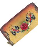 Retro tattoo swallow birds & rose print faux leather large zipper wallet - Mlavi vegan leather