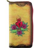 Retro tattoo burning heart print faux leather large zipper wallet - Mlavi vegan leather