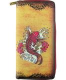 Retro tattoo koi fish & cherry blossom print faux leather large zipper wallet