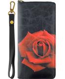 Rose flower print faux leather large zipper wallet