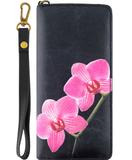 Orchid flower print faux leather large zipper wallet