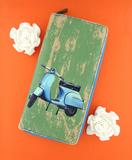 Retro scooter print faux leather large wallet