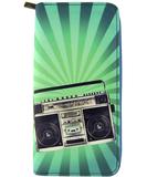 Retro boombox & cassette print faux leather large zipper wallet