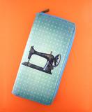 Retro sewing machine & scissor print faux leather large zipper wallet