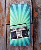 Retro boombox & cassette print faux leather large zipper wallet